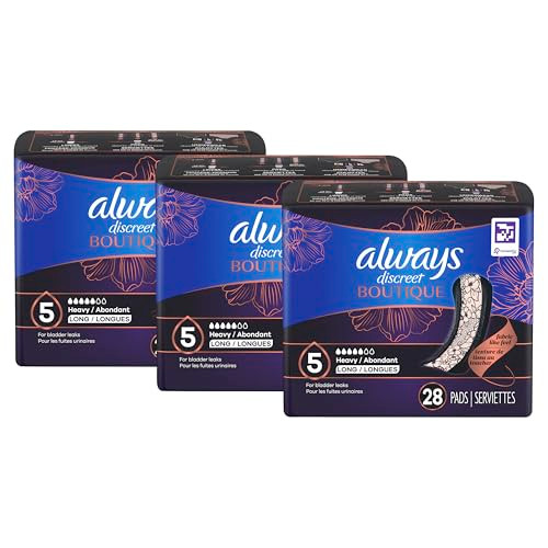 Always Discreet Boutique Adult Incontinence & Postpartum Pads For Women, Size 5, Heavy Long Abondant longues, 28 Count x 3 Packs (84 Count total) (Packaging May Vary)