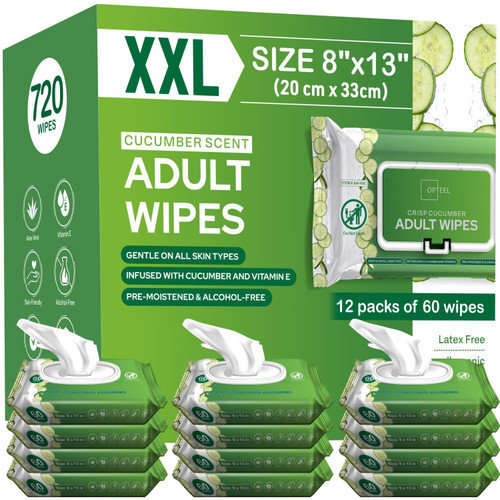 Adult Wipes Extra Large Scented - Skin-Friendly Incontinence Wet Wipes for Adults & Elderly Disposable Washcloths - 8x13" 12 Packs of 60 (720 Wipes)