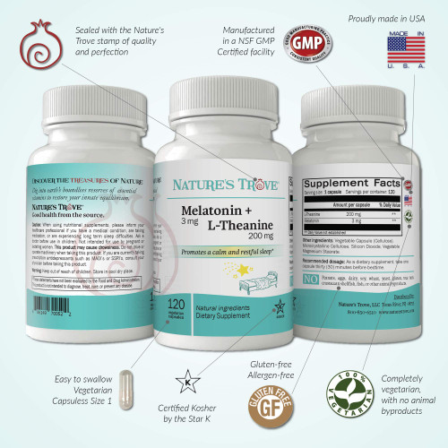 Nature's Trove Melatonin 3mg + L Theanine 200mg – Calm and Relaxation – 120 Kosher Vegetarian Capsules