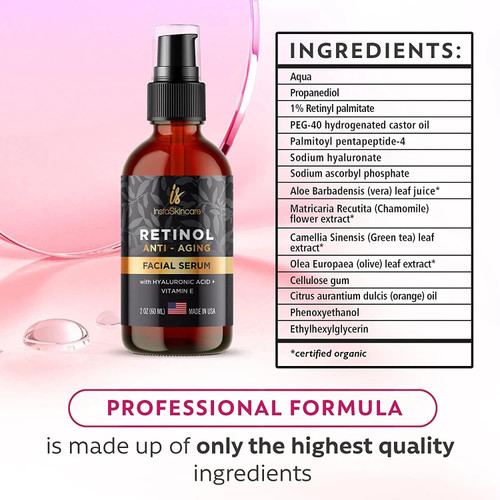 InstaSkincare Retinol Serum 2 oz – Anti Aging Face Serum with Hyaluronic Acid + Vitamin E + Aloe – Helps Smooth Fine Lines, Improve Texture, Hydrate – For Face & Neck