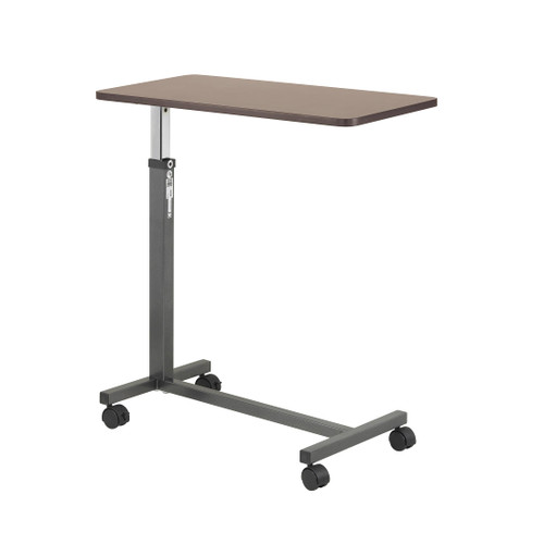 Drive Medical Overbed Table with Wheels - Secure Height Adjustment for Comfort - Non Tilt Surface - Smooth Rolling Design - Home & Hospital Use - Woodgrain Laminate Top - Silver Vein