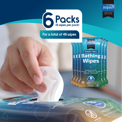 Body Wipes for adults bathing no rinse | Adult Wash Cloths Extra Large, Bathing Wipes for Incontinence, 8"x 8" In (48 count) | By Inspire