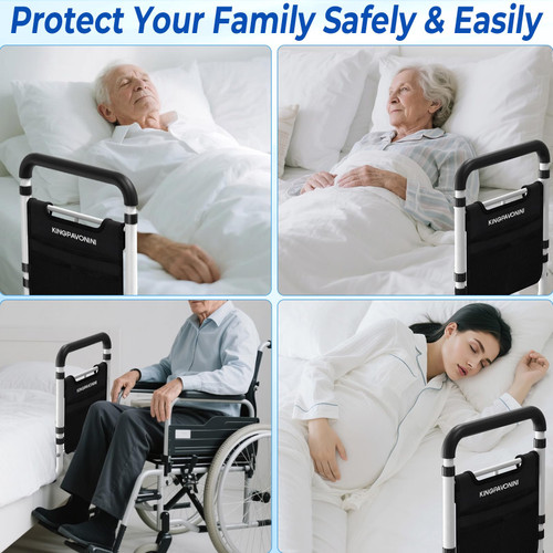 Bed Rails for Elderly Adults Safety - 2026 Upgrade - ASTM Compliant, Adjustable Bed Cane with Non-Slip Ergonomic Handle & Storage Pocket, Bed Railings for Seniors Load 400 LBS, Tool-Free Assembly