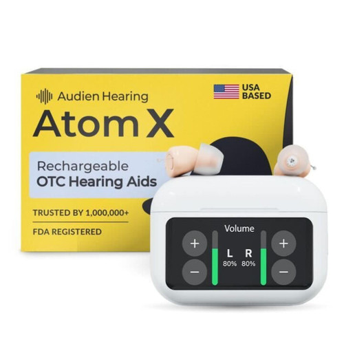 Audien Atom X Hearing Aid Device for Seniors & Adults with Hearing Loss - OTC Bluetooth Hearing Aids w/Charging Case, 48+ Hour Battery Life - Easy Touchscreen Control, Comfortable & Discreet Design