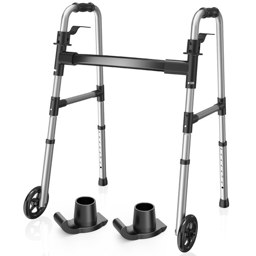 Loyoda Folding Walker with 2 Skis and 5" Wheels, Lightweight Walkers for Seniors and Adults, Supports Up to 350 Pounds, Adjustable Height, Compact Standard Walker, Black