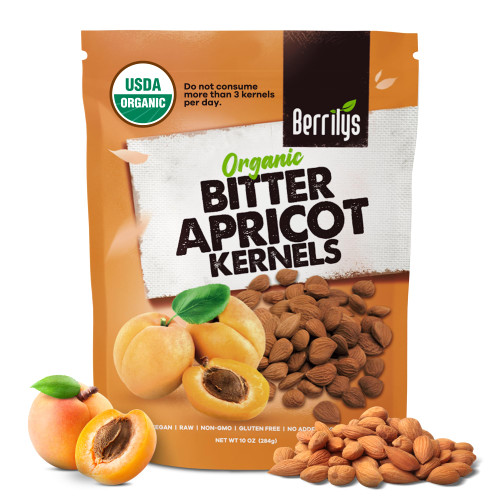 Berrilys Organic Bitter Apricot Kernels - USDA Certified Organic Bitter Apricot Seeds - Natural & Non-GMO, Premium Quality Kernals, No Sulfur or Additives - 10 oz