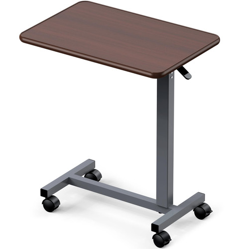 WOTURE Adjustable Overbed Table with Wheels, Bedside Rolling Table, Pneumatic Height Adjustment, Hospital Bed Table on Wheels, Standing Desk, Bedridden & Mobility Needs, Walnut