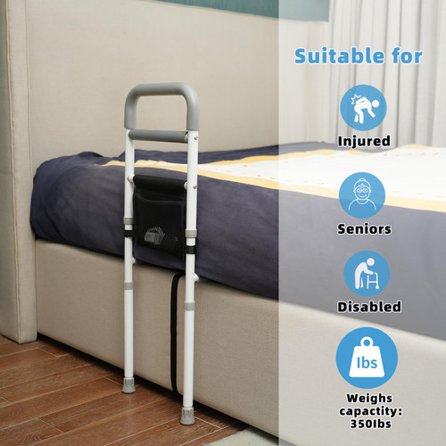 YrHeiper Bed Rails for Elderly Adults Safety - Adjustable Bed Assist Rail for Seniors Fall Prevention with Support Leg, Bedside Grab Bar Cane with Storage Pocket, Fits King, Queen, Full, Twin Bed