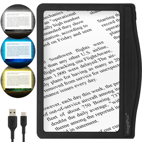 MagniPros 5X Rechargeable Large Ultra Bright LED Page Magnifier with Anti-Glare Lens & 3 Color Dimmable Light Modes, Relieve Eye Strain- Ideal for Reading Small Prints, Low Vision, Seniors