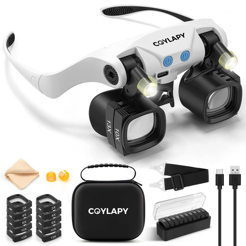 COYLAPY Magnifying Glasses for Close Work, Jewelers Magnifying Glass with Light & 5 Interchangeable Lens Pairs(2X 4X 6X 10x 13x), Headband Loupe Magnifier for Watch Repair,Crafts, w/Storage Case