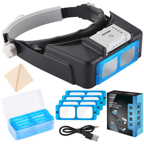 YOCTOSUN Magnifying Glasses with Light for Close Work, Rechargeable Headband Magnifier with 4 Lenses 1.5X-3.5X, Hands Free Magnifying Glass Visor for Jewelers, Crafts, Hobby