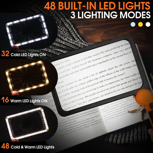 Large Magnifying Glass with Light, Full Page Magnifier 48LED Cold & Warm Light with 3 Modes, Folding Handheld Illuminated Lighted Magnifier for Seniors Low Vision Reading Inspection (Orange)