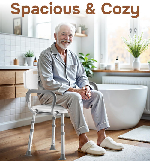 SOUNDFUSE Shower Chair for Inside Shower with Arms and Back, FSA/HSA, Height Adjustable Shower Chair for Elderly and Disabled with Enhanced Non-Slip Feet, 400 lbs Heavy Duty Shower Seat for Seniors