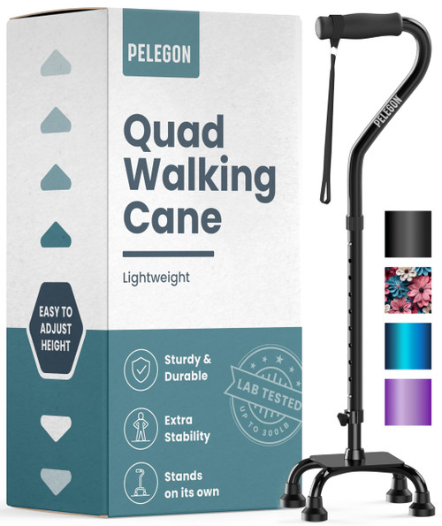 PELEGON Quad Cane (300 lb) - Adjustable Walking Cane with A Large 4 Pronged Base for Extra Balance & Stability, Walking Canes for Seniors, Walking Cane for Men & Women, Walking Sticks (Black)