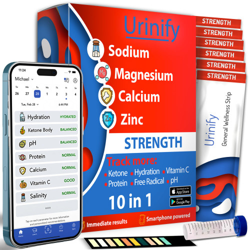 Urinify Mobile App Urine Test Strips -Trusted at Home Sodium, Salinity, Magnesium, Calcium, Electrolytes, Hydration, pH, Vitamin C, Protein, Keto Urinalysis Test Kit - Strength Kit (6 Strips)