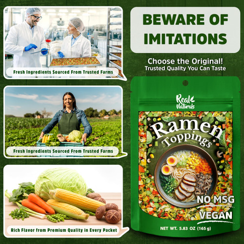 Dried ramen toppings. Dehydrated vegetables for ramen topper include Cabbage, Spinach, Chive, Carrot, Corn, Greenpea & Shitake mushrooms. (5.83oz mixed vegetables)