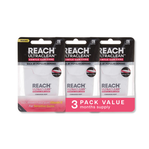 REACH ULTRACLEAN Gentle Gum Care Expanding Floss – Woven, Non-Waxed, PFAS-Free with Vitamin E, for Sensitive Gums, Cinnamon Mint 55YD (3-Pack)