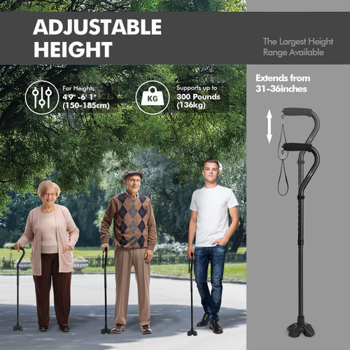 KINGGEAR F1 Walking Stick, Walking Cane for Women & Men, Self Standing Walkers for Seniors with Wrist Strap, Lightweight & Sturdy Offset EVA Handle and Large Quad Base