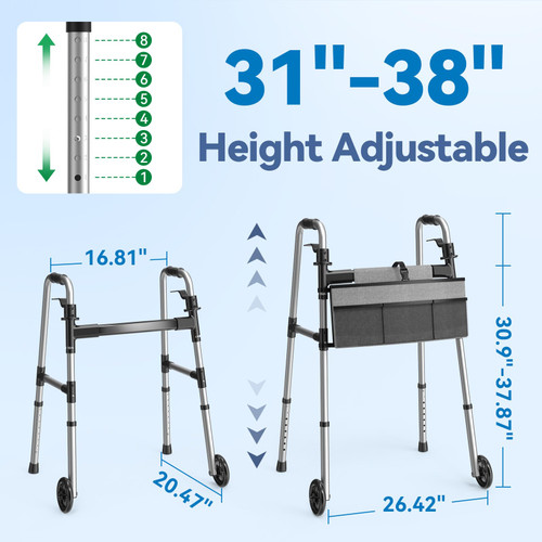 Loyoda Folding Walker with Basket and Glide Skis, 5" Wheels Lightweight Walkers for Seniors and Adults, Supports Up to 350 Pounds, Adjustable Height, Compact Standard Walker
