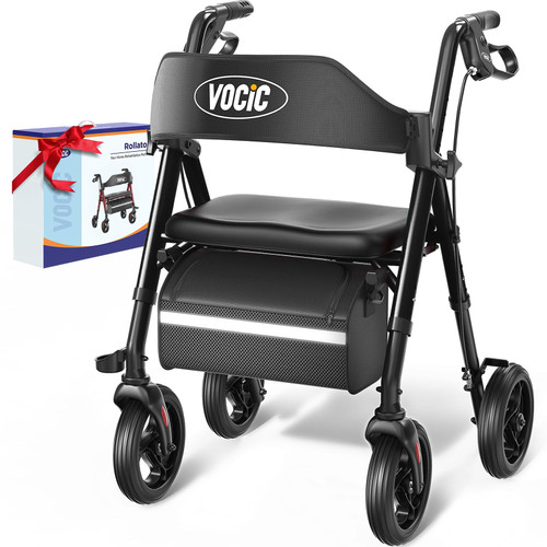 VOCIC Walkers for Seniors, Z21 Rollator Walker with Seat Supports 350lb, 8" Big Wheels for All Terrain, Ergonomic Arc Seat & 6" Ultra Backrest Foldable Walker, Dual Height Adjustment, Lightweight 2025
