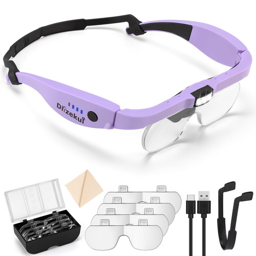 Dilzekui Magnifying Glass with Light 1.5X to 5.0X, Rechargeable Magnifying Glasses Head Magnifier, Lighted Magnify Glass with 4 Detachable Lenses, Magnifier Headset for Close Work Hobbies Jewelry