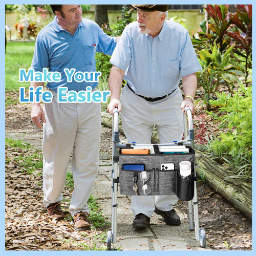 Rhino Valley Walker Bag, Multi Pockets Folding Walker Basket Tote Bag with Cup Holder, Hand-free Carry Pouch Storage Bag for Universal Walkers, Large Capacity Organizer for Seniors Elderly, Gray