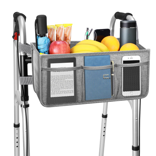 Dotday Upgraded Walker Basket with Cup Holder, Foldable Walker Bag with Large Capacity & Never Tipping Over, Not Fit for Rollator - Grey