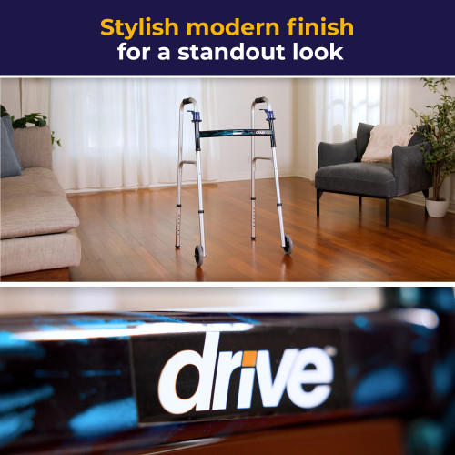 Drive Medical Trigger Release Folding Walker - Lightweight Brushed Steel Design - Easy Trigger Folding Mechanism - 5 Inch Wheels - Contoured Hand Grips - Senior Mobility Aid