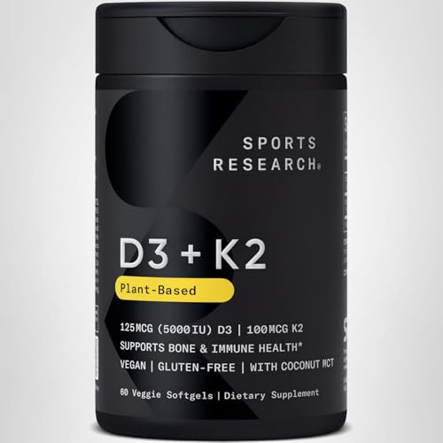 Sports Research® Vitamin D3 + K2 w/ Coconut Oil - Vegan Vitamin D 5000iu & Mk7 Vitamin K 100mcg for Bone & Immune Support - Vegan Certified · Non-GMO · Soy Free - 60 Softgels