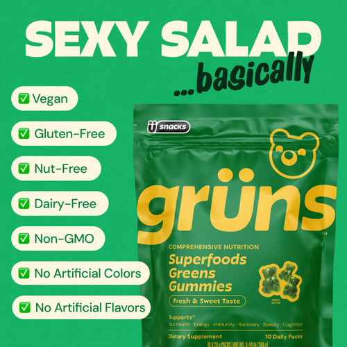 Gruns Adults Super Greens Multivitamin Gummies, Superfood Vitamin Gummy Bears with Spirulina, Chlorella, Prebiotic Fiber for Digestive Health, Adaptogens Supplement, 20 Vitamins & Minerals, 28 Count
