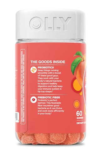 OLLY Probiotic + Prebiotic Gummy, Digestive Support and Gut Health, 500 Million CFUs, Fiber, Adult Chewable Supplement for Men and Women, Peach, 60 Day Supply - 60 Count