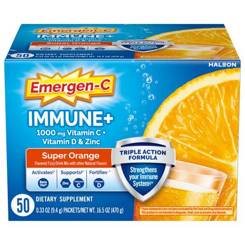Emergen-C Immune+ Triple Action Immune Support Powder, BetaVia (R), 1000mg Vitamin C, B Vitamins, Vitamin D and Antioxidants, Super Orange, Back to School Essentials – 50 Count