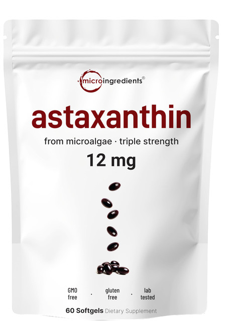 Micro Ingredients Astaxanthin 12mg with MCT Oil, 60 Softgels | Fresh Microalgae Source | Triple Strength, Easy to Swallow, Non-GMO, Gluten Free, Soy Free