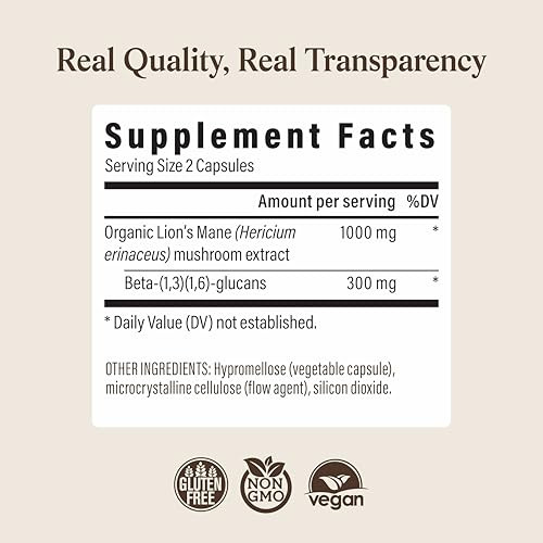 Real Mushrooms Lion’s Mane Supplement Capsules - Organic Lions Mane Extract for Overall Wellbeing - Beta Glucan Supplements – Vegan 300 ct Mushroom Extract
