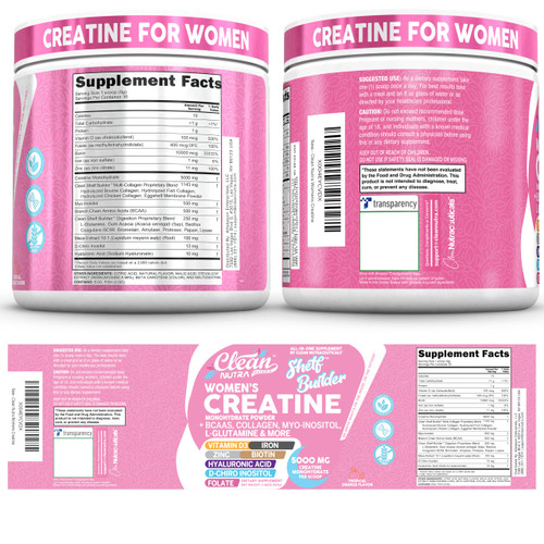 Creatine for Women | Creatine Monohydrate + BCAA Powder Myo-Inositol Collagen Biotin Hyaluronic Acid Folate L Glutamine Vitamin D3 Iron Zinc D-Chiro-Maca Digestion Shelf Builder by Clean Nutra