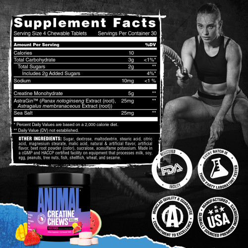 Animal Creatine Chews Tablets - Enhanced Creatine Monohydrate with AstraGin to Improve Absorption, Sea Salt for Added Pumps, Delicious and Convenient Chewable Tablets - Fruit Punch