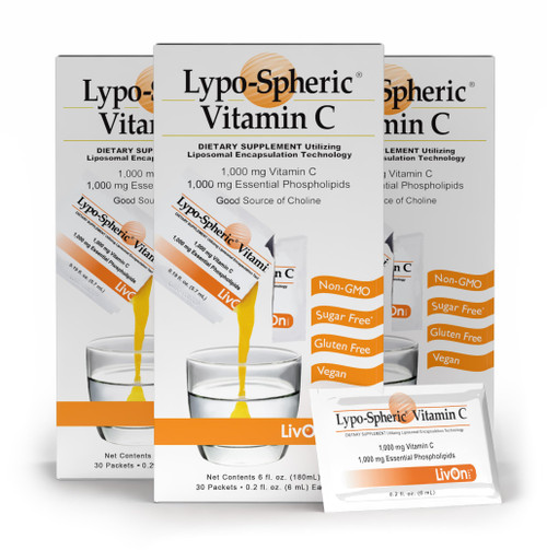 LivOn Laboratories Lypo–Spheric Vitamin C – 3 Cartons (90 Packets) – 1,000 mg Vitamin C & 1,000 mg Essential Phospholipids Per Packet – Liposome Encapsulated for Improved Absorption – 100% Non–GMO