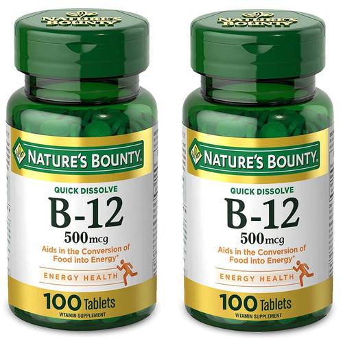 Nature's Bounty Vitamin B12, Supports Energy Metabolism and Nervous System Health, 500mcg, Tablets, 100 Ct (Pack of 2)