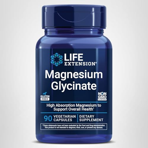 Life Extension Magnesium Glycinate, Heart Health, Bone Health, Nerve and Muscle Support, Highly absorbable, Gluten-Free, Non-GMO, Vegetarian, 90 Capsules