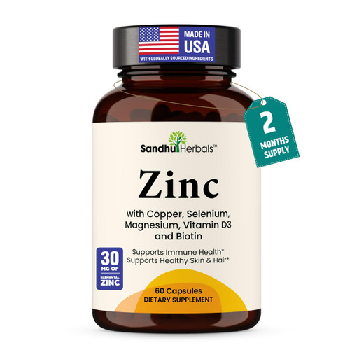 Zinc 30mg with Copper, Selenium & Vitamin D3 | 60 Capsules | Magnesium, Vitamin B6, Biotin | Absorbable Zink Supplements for Men & Women | Chelated Zinc for Immune Health, Skin, Hair, & Nails Support