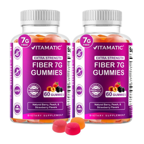 Vitamatic Prebiotic Fiber Gummies for Adults – 2 Pack (Total 120 Gummies) 7g Fiber per Serving | Extra Strength | Zero Sugar Added | Pectin-Based | Digestive Health & Regularity Support