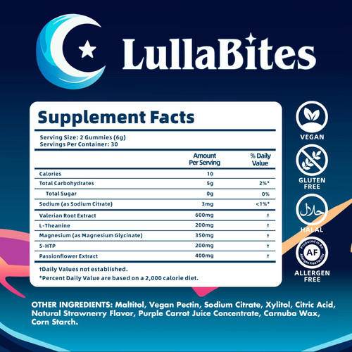 LullaBites - Natural Sleep Gummies - Made in USA - With 5-HTP, L-Theanine, Magnesium & Valerian Root - Melatonin Free - Vegan - Halal - Sugar, Gluten Free - Sweet Strawberry - 60 Gummies - 30 Servings