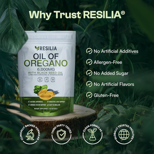 Resilia Softgels with Black Seed Oil 6000mg – Organic Oregano Oil Capsules for Immune & Digestive Support – Non-GMO, Gluten-Free Softgels – Natural Herbal Wellness Supplement (60 Count)