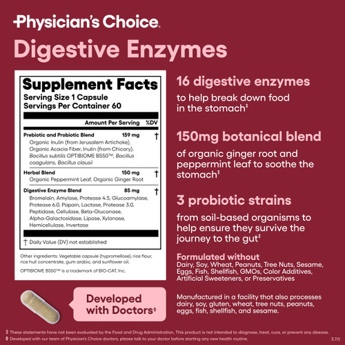 Physician's CHOICE Digestive Enzymes for Bloating & Digestion - 16 Enzymes with Organic Prebiotics & Probiotics for Gut & Digestive Health - Meal Time Discomfort Relief - Dual Action Support - 60 CT