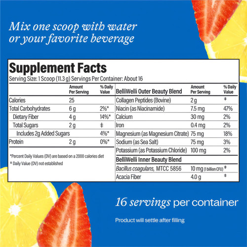BelliWelli Fiber Supplement for Women & Men Premium Daily Fiber Powder from Organic Acacia with Added Collagen Electrolytes & Probiotics No Bloa Constipation & Gut Health Support (Strawberry Lemonade)