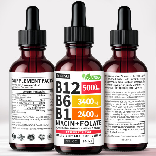 (2 Pack) Vitamin B12 and B6 Liquid Drops, B12 Sublingual Vitamin B Complex - B 12 Vitamin 5000mcg - B12 Methylcobalamin for Energy, Brain, and Heart Support with 27,200 mcg, Raspberry, 80 Servings