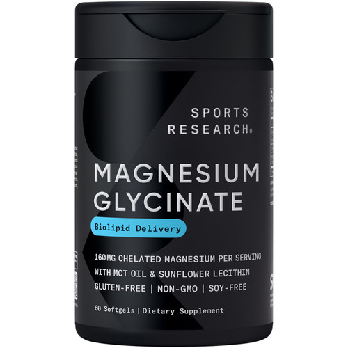 Sports Research® Magnesium Glycinate - Supports Restful Sleep & Enzymatic Processes - 160 mg Chelated Magnesium - Liquid Softgel - 60 Count