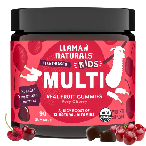 Llama Naturals Kids Multivitamin Gummies | Real Fruit, No Added Sugar Cane | Organic Vegan Toddler Whole Food Vitamins | Vitamin D, C & Beta Carotene Gummy Supplement | Cherry 90 Ct (1-2 Months)