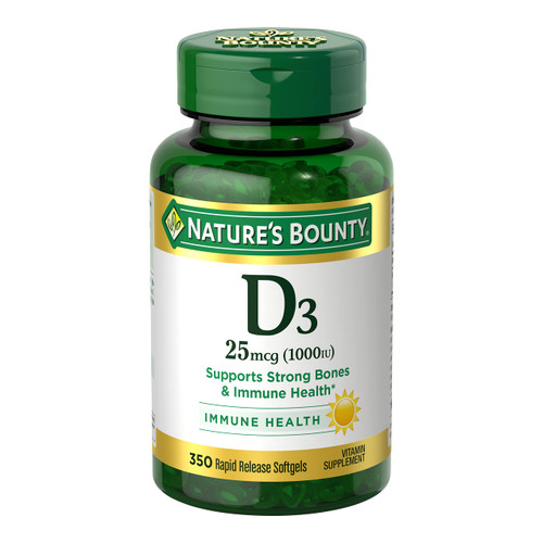 Nature's Bounty Vitamin D3 1000 IU Softgels, Immune Support, Promotes Healthy Bones, 1 Softgel per Day, Gluten Free, 350 Count
