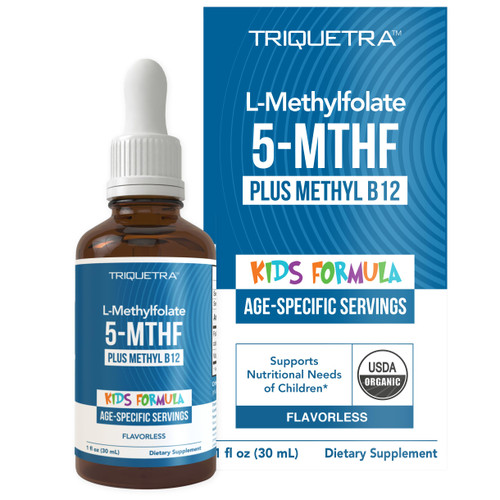 Organic Kids Methylfolate + Methyl B12 Cofactor - Flavorless, Sublingual Form - 5-MTHF Form, Superior Form of Folate - Adjustable Dosing for All Ages - Mood, Behavior, Cognition - 1 oz.